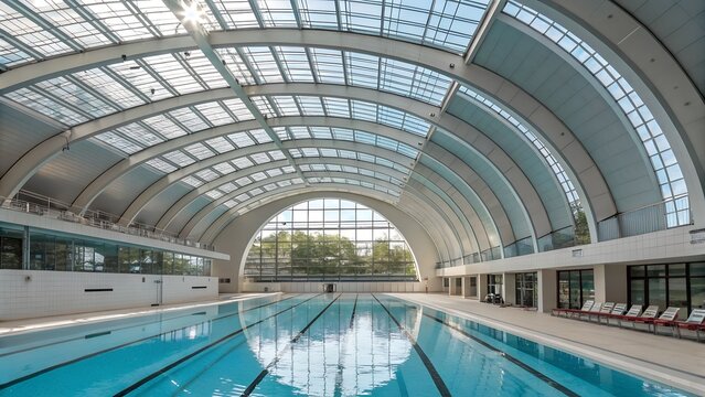 A pristine indoor swimming pool with multiple lanes is bathed in natural light streaming through a modern glass roof, creating a bright and inviting atmosphere