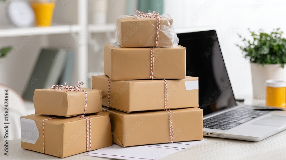Poster stacked brown packages tied with twine are arranged on a desk beside a laptop, creating a cozy works