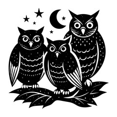 Midnight Owl Silhouettes A Trio of Nocturnal Birds Perched on a Branch Under the Crescent Moon and Stars