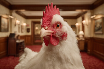 Intriguing chicken in luxurious room: A curious chicken takes center stage against the backdrop of an upscale, elegant interior, showcasing its unique presence in an unexpected setting.