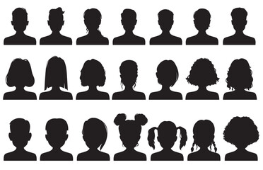 Male, female avatar profile silhouette, man and woman faces and heads. Vector user portrait or person avatar silhouette of girl and boy, social media people avatar default black picture