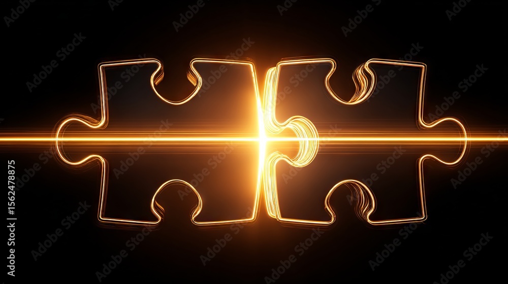 Poster two glowing puzzle pieces connect seamlessly, illuminated by a radiant light, symbolizing unity, col