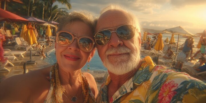 Golden Years Paradise: Joyful Senior Couple Captures a Vibrant Sunset Selfie by the Pool, Celebrating Resort Life and Happiness