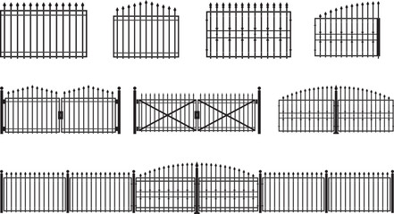 Wrought iron gate illustrations. Black metal fence entrance in different styles. Silhouette of a Victorian steel fence 