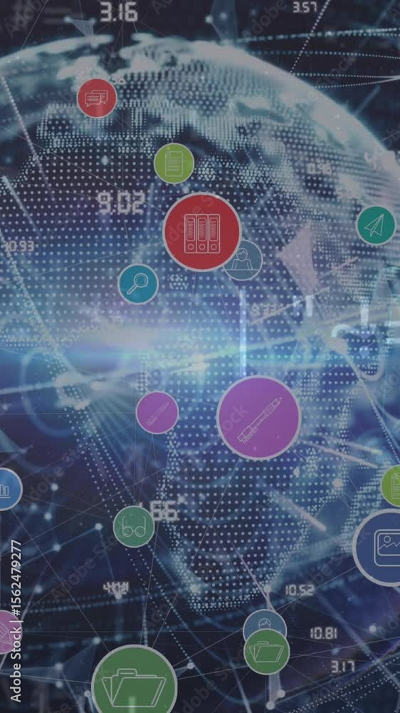 Poster animation of network of connections with icons over globe