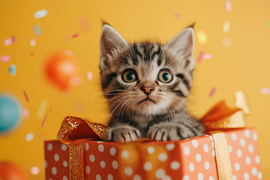Adorable kitten in a gift box with ribbon, polka dots, and confetti celebration