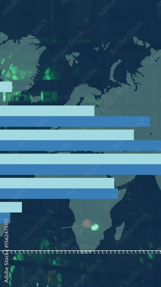 Poster animation of graph and data processing over world map on dark background