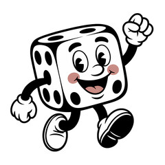 Cheerful cartoon dice character running joyfully with a raised fist in celebration and energy