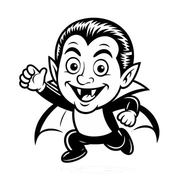 Cheerful cartoon vampire character in a tuxedo with a bat enjoying a playful moment outdoors