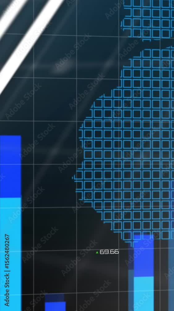 Poster animation of graphs and financial data over world map and digital screen