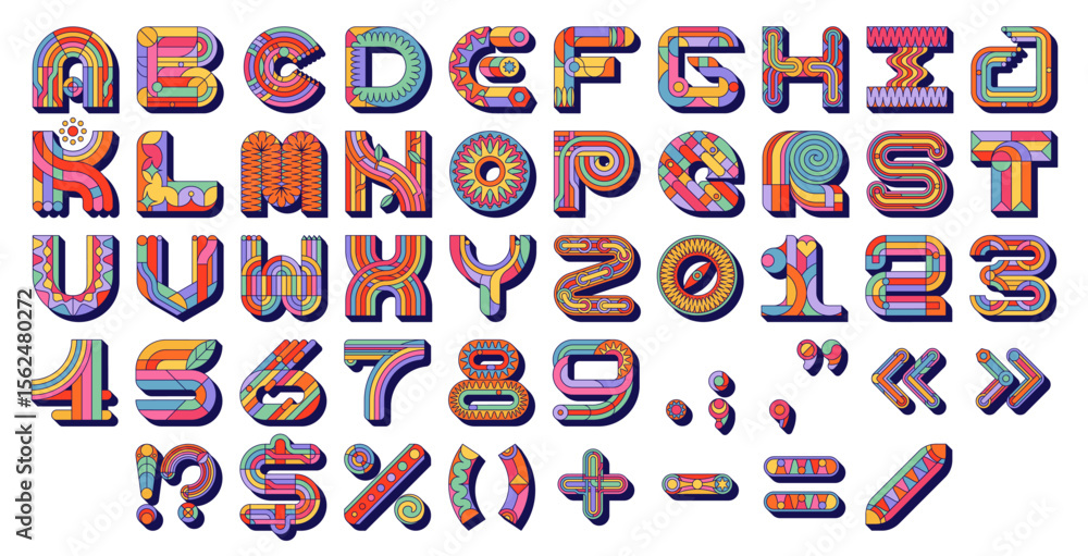 Fototapete groovy font, hippie funky typeface, retro letters type, english alphabet vector typography set. groo