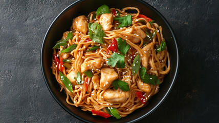 Spicy Thai chicken peanut butter lo mein noodles with tuxedo sesame seeds