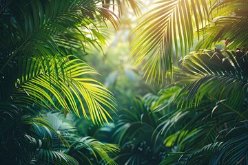 beautiful green jungle of lush palm leaves, palm trees in an exotic tropical forest, tropical plants nature concept for panorama wallpaper, selective sharpness