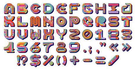 Groovy font, hippie funky typeface, retro letters type, english alphabet vector typography set. Groovy font abc letters and numbers with psychedelic geometric shapes pattern, hippie rainbow, flowers