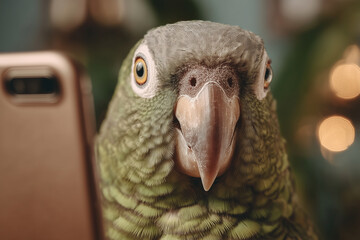 parrot looking surprised at smartphone, humorous pet photo