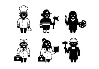 Various profession icons depicting a chef firefighter artist doctor nurse and construction worker in black and white
