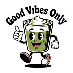 Cute animated green matcha drink character spreading positivity while walking cheerfully in a playful design