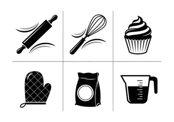 Baking tools and ingredients icons including rolling pin whisk cupcake oven mitt flour and measuring cup icons