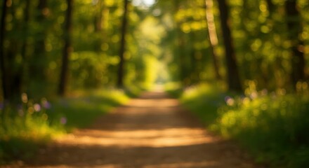 Blurred natural trail with soft sun rays piercing thick foliage, inviting calm and serenity.