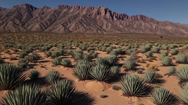 Exploring agave fields in the desert landscape near majestic mountains during a clear sunny day