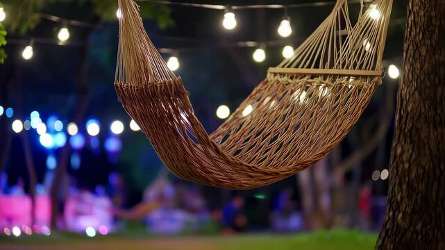 Relaxing evening in a glowing garden with hammock and festive string lights