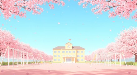 Beautiful anime school scene with cherry blossoms in spring for desktop wallpaper art