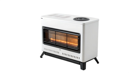 A modern white portable gas heater with visible glowing orange flames and a black grate isolated on transparent background isolated on white background