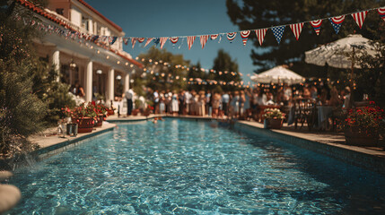Independence day celebration. American flag bunting outdoor pool summer day patriotic holiday family, family gathering holiday, 4th july