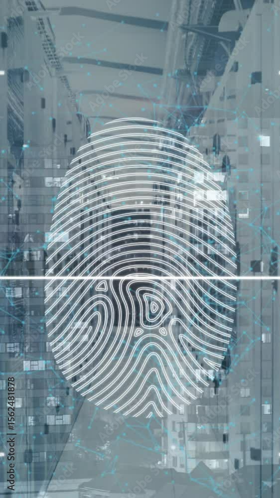 Poster animation of fingerprint scanning on digital interface against server room
