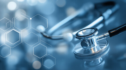 Clinical Medicine wallpaper showing a stethoscope placed on a reflective surface with a blue bokeh background. A hexagonal geometric pattern is superimposed over the background. Copy space, 16:9.