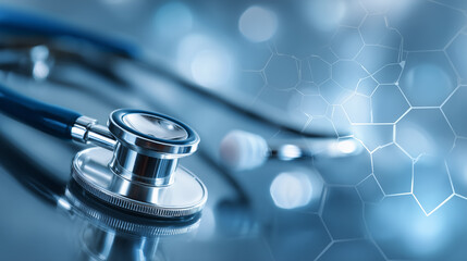 Clinical Medicine wallpaper showing a stethoscope placed on a reflective surface with a blue bokeh background. A hexagonal geometric pattern is superimposed over the background. Copy space, 16:9.