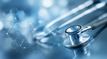 Clinical Medicine wallpaper showing a stethoscope placed on a reflective surface with a blue bokeh background. A hexagonal geometric pattern is superimposed over the background. Copy space, 16:9.