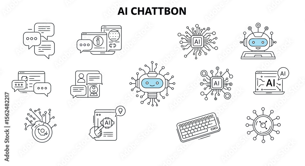Poster minimalist ai chatbot technology icons with network and communication elements
