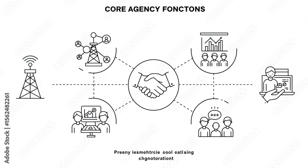 Poster linear network communication and collaboration infographic with business elements