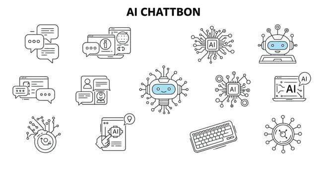 Minimalist ai chatbot technology icons with network and communication elements