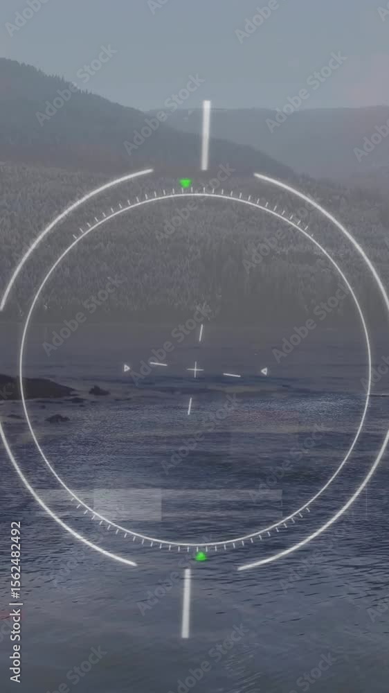 Poster animation of scope scanning and icons over landscape
