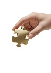 Hand holding golden puzzle piece, teamwork and problem-solving concept, isolated on transparent background, connection, strategy, business metaphor