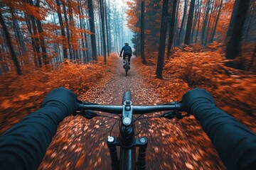 Autumn forest mountain biking adventure with vibrant foliage