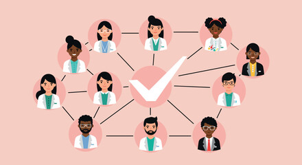 Diverse healthcare team network connected by a central checkmark on pink background