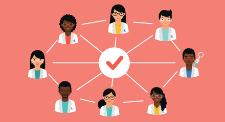 Diverse healthcare team network with connected doctors and medical professionals