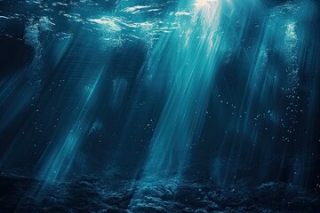 Abstract image of Tropical underwater dark blue deep ocean wide nature background with rays of sunlight.