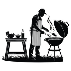 Man in apron grilling food on barbecue with side table silhouette