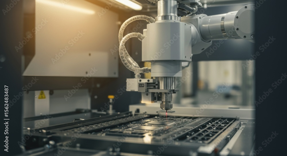 Poster robotic arm working on a circuit board, high-tech manufacturing process. industrial automation for p
