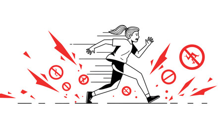 Dynamic female athlete running with energy symbols and prohibited drones