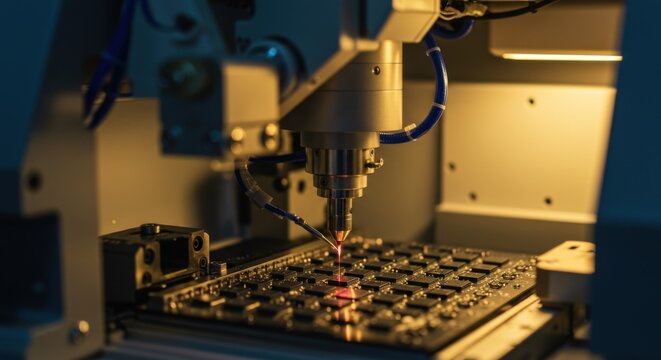 Automated machine using laser for precise manufacturing of circuit board. Modern technology creating microchip for electronic device.