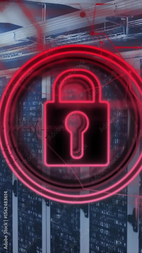 Poster animation of security padlock icon and mathematical equations against computer server room