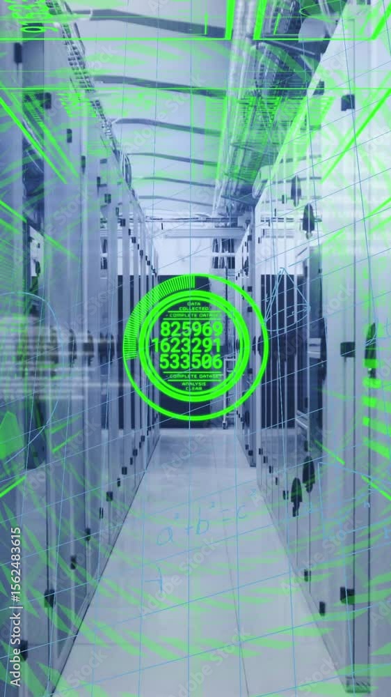 Poster animation of interface with data processing and mathematical equations against server room
