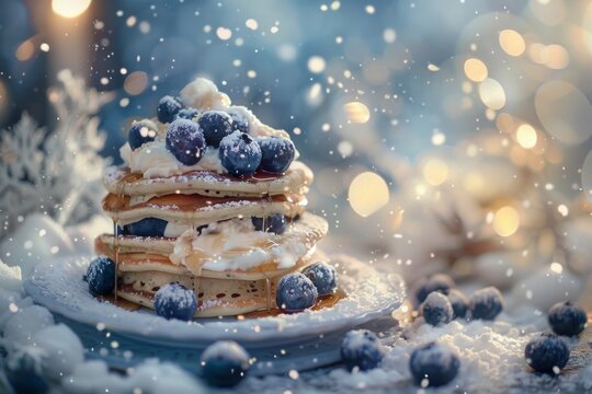 Delicious blueberry pancakes with whipped cream and snowfall - Powered by Adobe