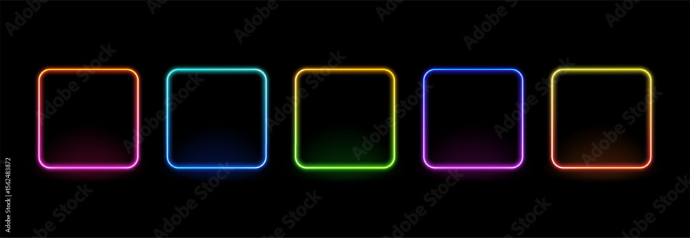 Aufkleber Set of five colorful neon glowing rectangular frames on black background. Bright abstract light box for text layout.