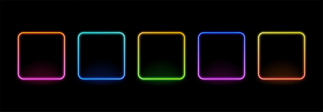 Set of five colorful neon glowing rectangular frames on black background. Bright abstract light box for text layout.